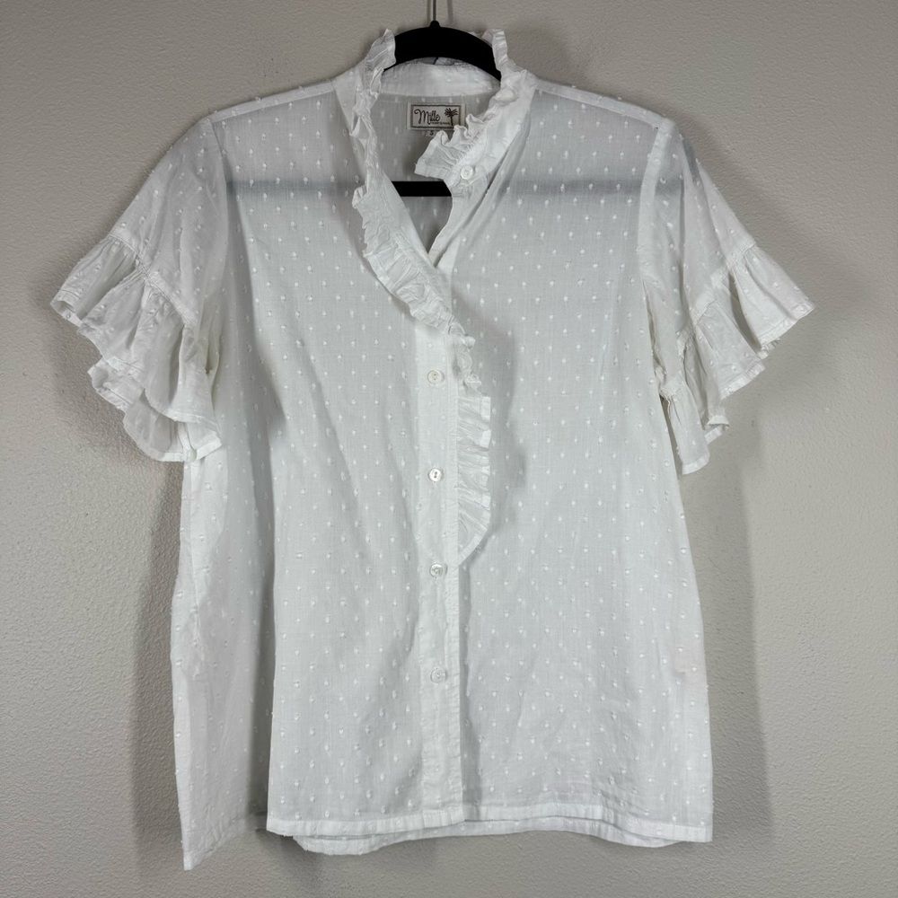 Mille Resort & Travel Vanessa Ruffle Blouse Top White Button Down Size Small